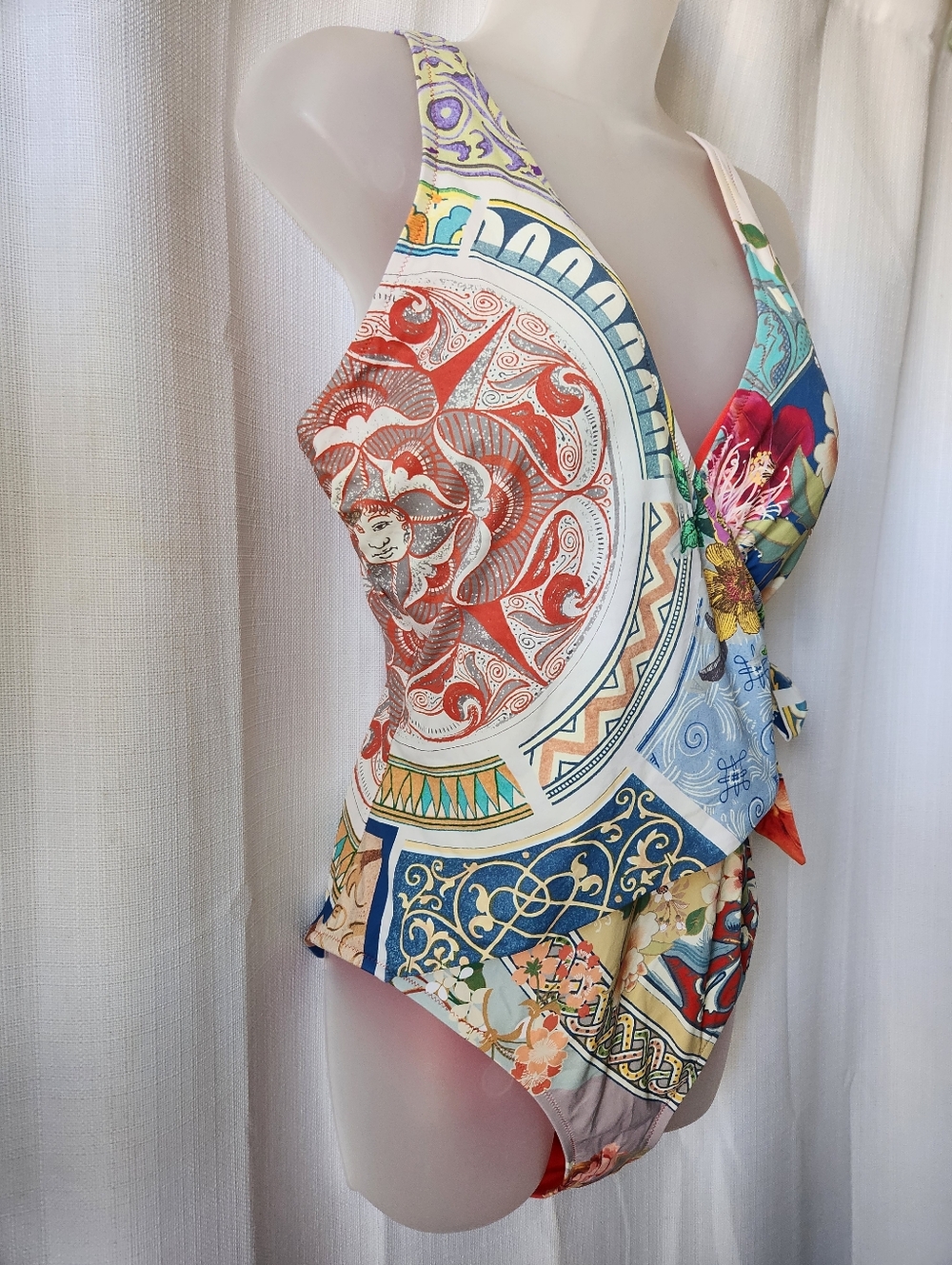 Johnny Was Women’s Boho Multicolor Floral Print Wrap One Piece Swimsuit Size XL - Picture 5 of 11